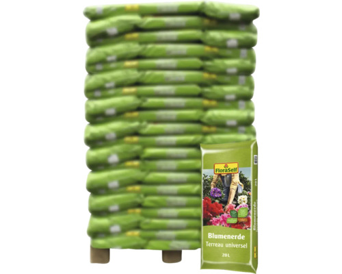 Blumenerde FloraSelf (120 Sack x 20 Liter= 2,4 m³) 1 Palette Stapel FluraSelf Blumenerde, 20 Liter Sack