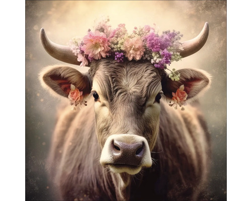 Porträt einer Kuh mit Blumenkranz auf dem Kopf