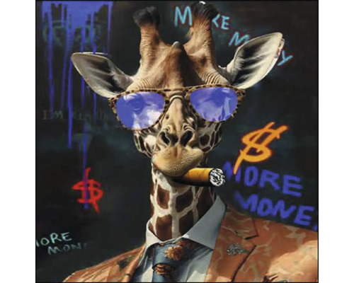 Illustration einer Giraffe mit Sonnenbrille, Zigarre, Anzug und Dollarzeichen im Hintergrund