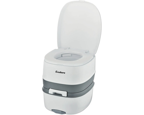 Tragbare Toilette für Camping und Freizeit mit offenem Deckel.