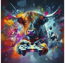 Illustriertes Hochlandrind mit Gamecontroller vor buntem Hintergrund
