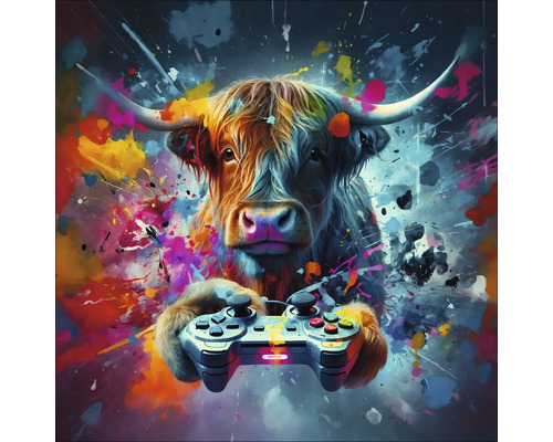 Illustriertes Hochlandrind mit Gamecontroller vor buntem Hintergrund