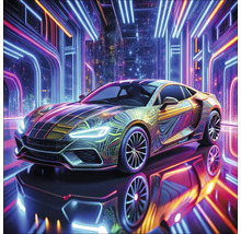 Sportwagen mit reflektierender Lackierung vor Neonlichtern
