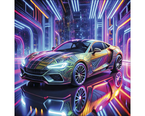 Sportwagen mit reflektierender Lackierung vor Neonlichtern