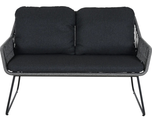 Graue Gartenbank mit zwei Sitzplätzen und Kissen