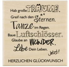 Holzschild mit dem Spruch: Hab große Träume, Greif nach den Sternen, Tanze im Regen, Baue Luftschlösser, Glaube an Wunder, Lebe dein Leben, Jetzt! Herzlichen Glückwunsch.