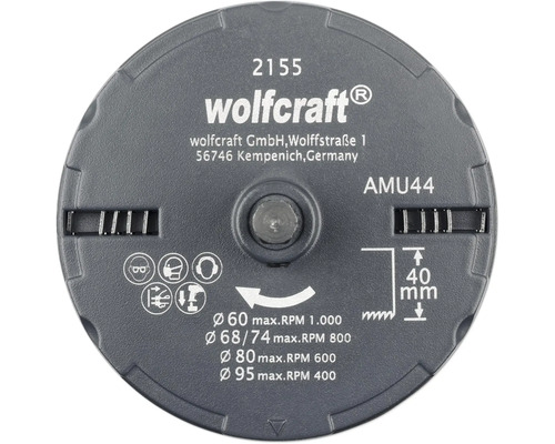 Wolfcraft Logo Scheibe mit technischen Daten und Sicherheitshinweisen