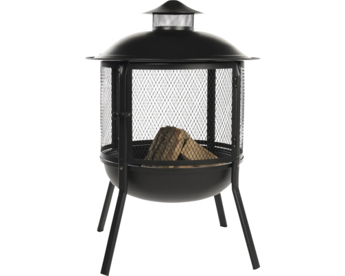 Feuerstelle mit Funkenschutzgitter und Holz