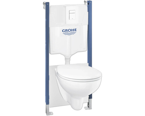 GROHE Wand-WC Set Solido Compact mit WC Bau Keramik 5 in 1 Set Tiefspüler ohne Spülrand weiß glänzend mit WC-Sitz , Vorwandelement und Betätigungsplatte weiß 39563000 Vorwandelement mit Wand-WC und Grohe Logo