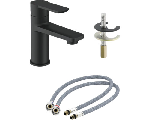Waschtischarmatur in matter Ausführung mit Befestigungsmaterial und flexiblen Anschlussschläuchen