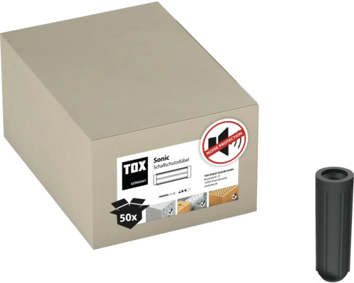 Packung TOX Sonic Schallschutzdübel mit Lärmschutzzeichen und einem einzelnen Dübel