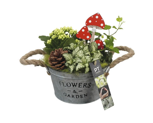 Blumenarrangement im Metalleimer mit Pilzdekoration und Tannenzapfen