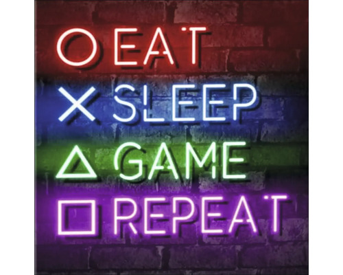 Neonreklame mit der Aufschrift: Essen, Schlafen, Spielen, Wiederholen