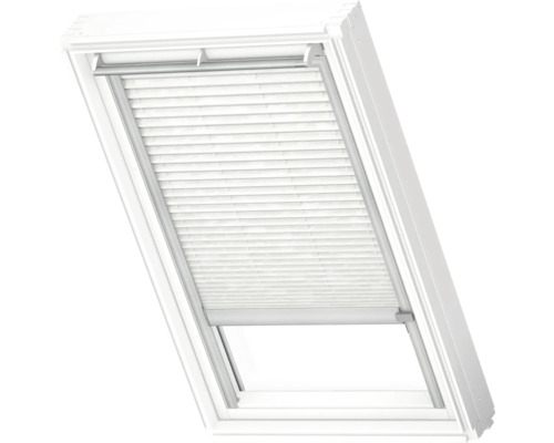 VELUX Dachfenster Plissee blickdicht weiß gemustert mit grauem Alu-Rahmen solarbetrieben FSL C02 1256K Dachfenster mit Plissee