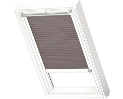 VELUX Dachfenster Plissee blickdicht mocca gepunktet mit weißem Alu-Rahmen solarbetrieben FSL C02 1276KWL Dachfenster mit Plissee zur Lichtregulierung.
