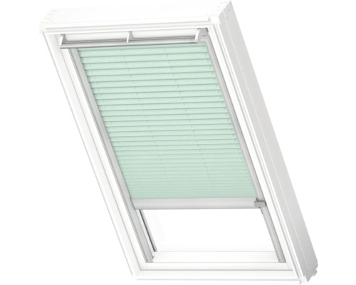 VELUX Dachfenster Plissee blickdicht mint mit grauem Alu-Rahmen solarbetrieben FSL C02 1281K Dachfenster mit Plissee Rollo zur Lichtregulierung