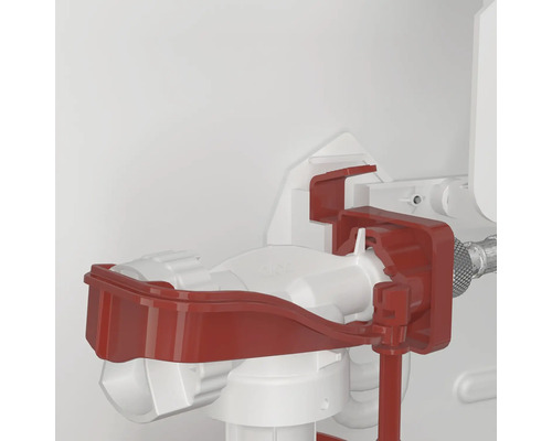 Detailansicht einer Toilettenspülung mit roter Halterung
