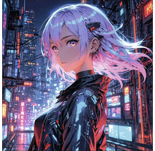 Illustration einer jungen Frau im Anime-Stil mit Jacke in einer urbanen Szene bei Nacht