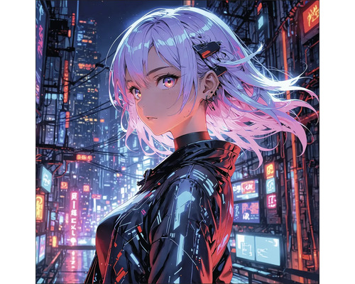 Illustration einer jungen Frau im Anime-Stil mit Jacke in einer urbanen Szene bei Nacht
