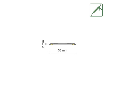 Technische Zeichnung eines Profils mit den Maßen 2 mm Höhe und 38 mm Breite. Symbol für Montagekleber.