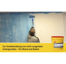 Anwendung von Sika Primer auf einer Wand mit einer Farbwalze und ein Eimer Sika Primer.