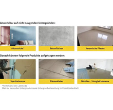 Geeignete Untergründe und Produkte: Altanstriche, Betonflächen, keramische Fliesen, Spachtelmasse, Fliesenkleber, Nivelliermasse