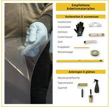 Empfohlene Arbeitsmaterialien für Heimwerkerprojekte: Handschuhe, Schutzbrille, Zollstock, Cuttermesser, Stift, Kreppband, Wasserwaage, Wassersprühflasche, Tapezierwalze, Spachtel