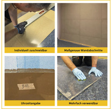 Produktmerkmale: individuell zuschneidbar, passgenaue Wandabschnitte, Uhrzeitangabe, mehrfach verwendbar