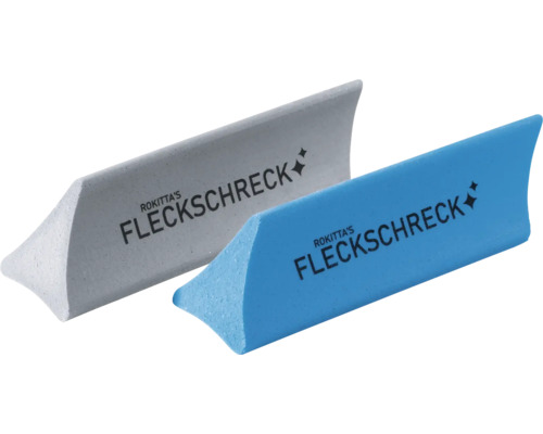 Reinigungsgummi Kalk- und Rostradierer FLECKSCHRECK Die Höhle der Löwen Zwei Reinigungsschwämme mit der Aufschrift Rokittas Fleckschreck