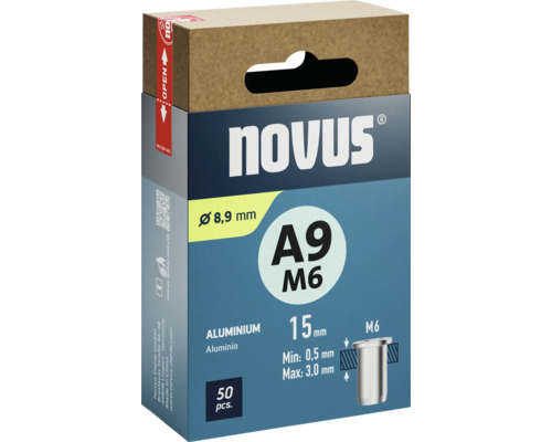 Novus A9 M6 Blindnietmuttern, Durchmesser 8,9 Millimeter, 50 Stück