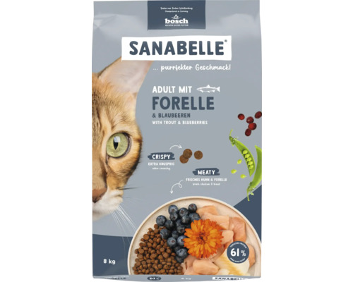 Katzenfutter trocken Sanabelle Adult mit Forelle 8 kg Sanabelle Adult mit Forelle und Blaubeeren Katzenfutter im 8 Kilogramm Sack
