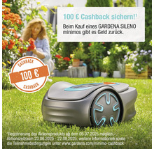 Gardena Sileno Minimo Mähroboter im Garten mit Cashback-Aktion.
