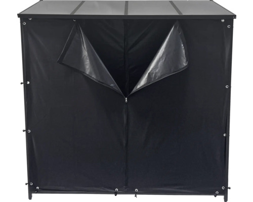 Gartenschrank mit Reißverschluss und geöffneten Türen