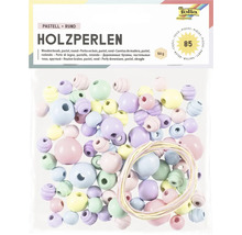 Packung mit runden Holzperlen in Pastellfarben