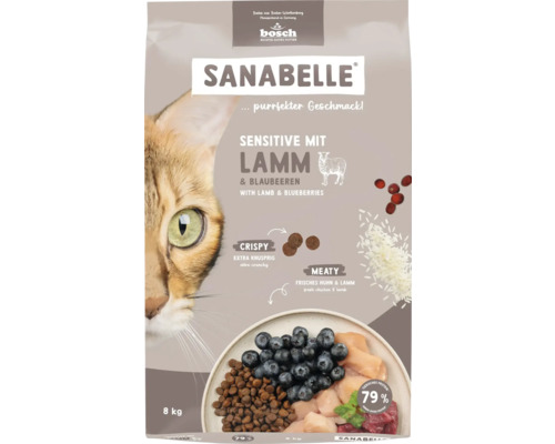 Katzenfutter trocken Sanabelle Sensitive mit Lamm 8 kg Sanabelle Sensitive mit Lamm und Blaubeeren Katzenfutter im 8 Kilogramm Sack