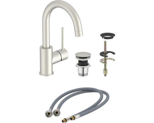 Waschtischarmatur mit Ablaufgarnitur und flexiblen Anschlussschläuchen