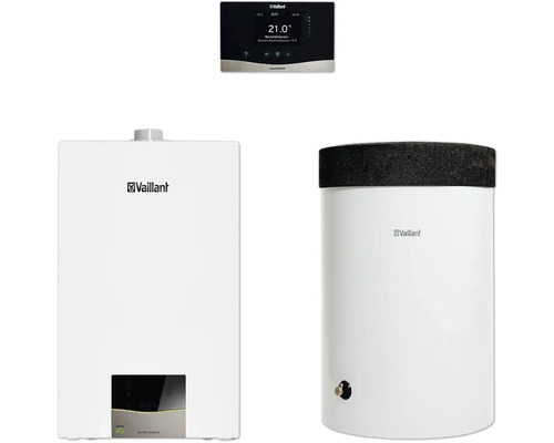 Vaillant Paket 1.61/3 Gas-Wandheizgerät ecoTEC exclusive VC 15 CS/1-7, Warmwasserspeicher uniSTOR exclusive VIH R 150/6 H und witterungsgeführter Regelung sensoCOMFORT VRC 720/3 8000016647 Vaillant Heizungsanlage mit Regelung und Warmwasserspeicher