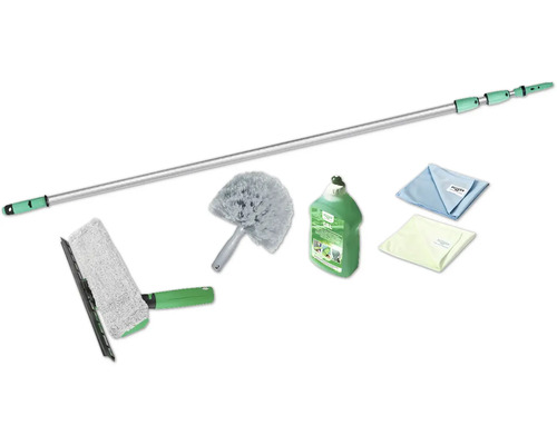 Reinigungsset mit Teleskopstiel, Fensterwischer, Staubwedel, Reiniger und Wischtüchern
