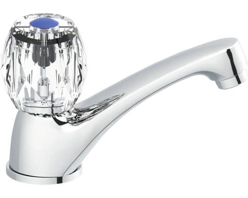 Wasserhahn mit transparentem, facettiertem Griff und verchromtem Auslauf