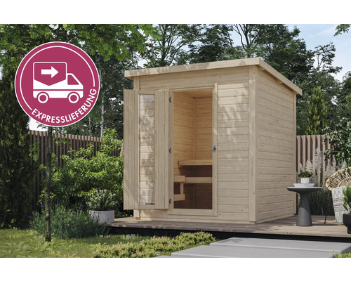 Außenansicht einer Gartensauna mit geöffneter Tür und Expresslieferung-Symbol
