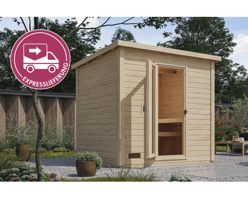 Gartensauna aus Holz mit geöffneter Tür und Expresslieferung-Symbol
