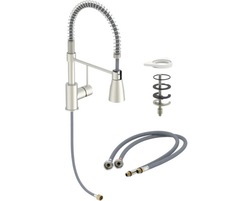 Küchenarmatur mit Spiralfeder, Brauseschlauch und Montagematerial