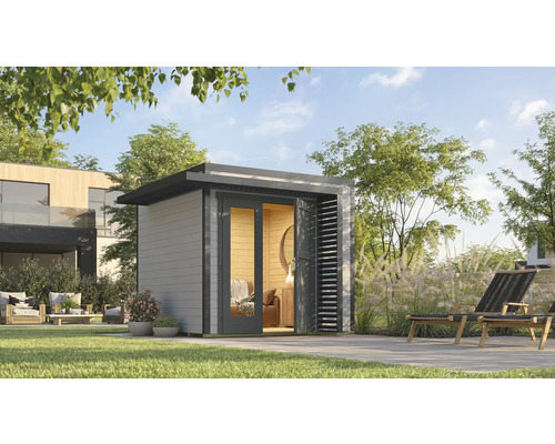 Gartenhaus weka Amberley 28 mm inkl. Fußboden 300 x 303 cm grau-anthrazit Garten mit modernem Gartenhaus, Terrasse und Gartenmöbeln.