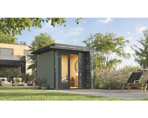 Gartenhaus weka Amberley 28 mm inkl. Fußboden 300 x 303 cm graugrün-anthrazit Garten mit Gartenhaus, Terrasse und Gartenmöbeln für den Außenbereich