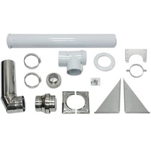 Edelstahl-Abgasrohr-Set mit verschiedenen Komponenten wie Rohren, Bögen, Schellen und Befestigungsmaterial