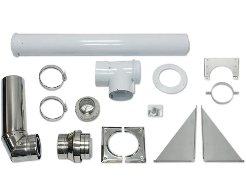 Vaillant Basis-Anschluss-Set DN80/125 mm an der Fassade konzentrisch Edelstahl/PP 0020042907 Edelstahl-Abgasrohr-Set mit verschiedenen Komponenten wie Rohren, Bögen, Schellen und Befestigungsmaterial