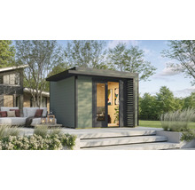 Modernes Gartenhaus mit Flachdach und Doppeltür auf einer Terrasse