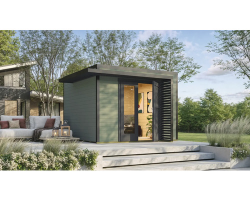 Gartenhaus weka Amberley 28 mm inkl. Fußboden 350 x 353 cm graugrün-anthrazit Modernes Gartenhaus mit Flachdach und Doppeltür auf einer Terrasse