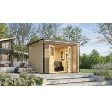 Holzgartenhaus mit Doppeltür und Terrasse mit Gartenmöbeln