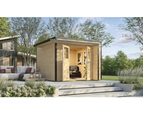Gartenhaus weka Amberley 28 mm inkl. Fußboden, Tür Sprosse 350 x 353 cm natur Holzgartenhaus mit Doppeltür und Terrasse mit Gartenmöbeln